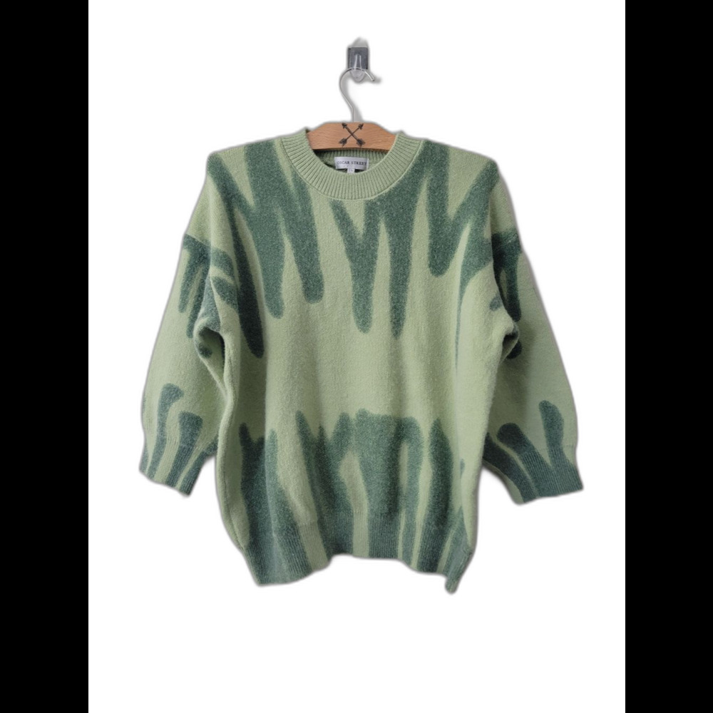 Soft Cozy Light Green Crewneck Sweater with Dark Green Abstract Pattern